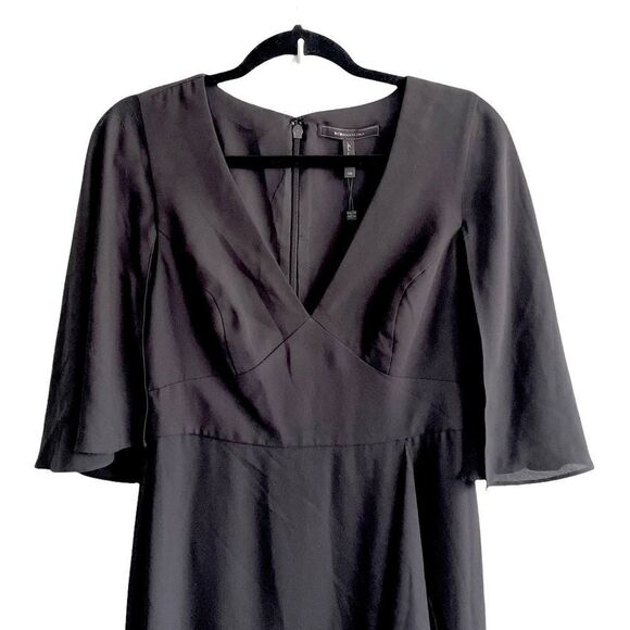 BCBGMAXAZRIA Cape Sleeve V-Neck Asymmetrical Ruffle Maxi Dress Black 6 - Picture 2 of 6